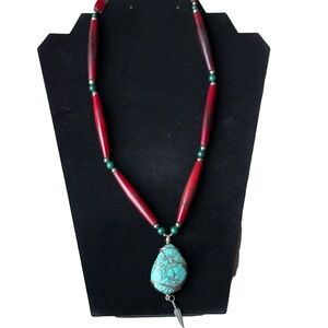 Turquoise Stone Pendant with Red Coral Beaded Chain Necklace Unbranded Boho